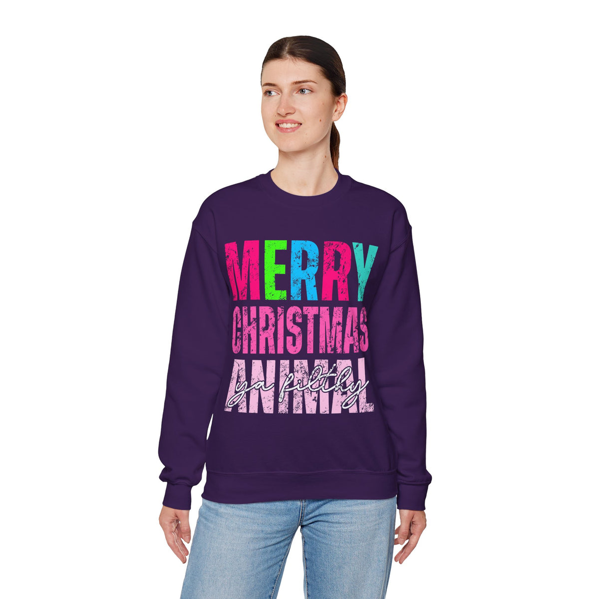 Merry Christmas Ya Filthy Animal – Gildan Heavy Blend | Trendy Women’s Soft Sweatshirt. Direct to Garment. Printed & Shipped in the USA. Unisex Sizes.