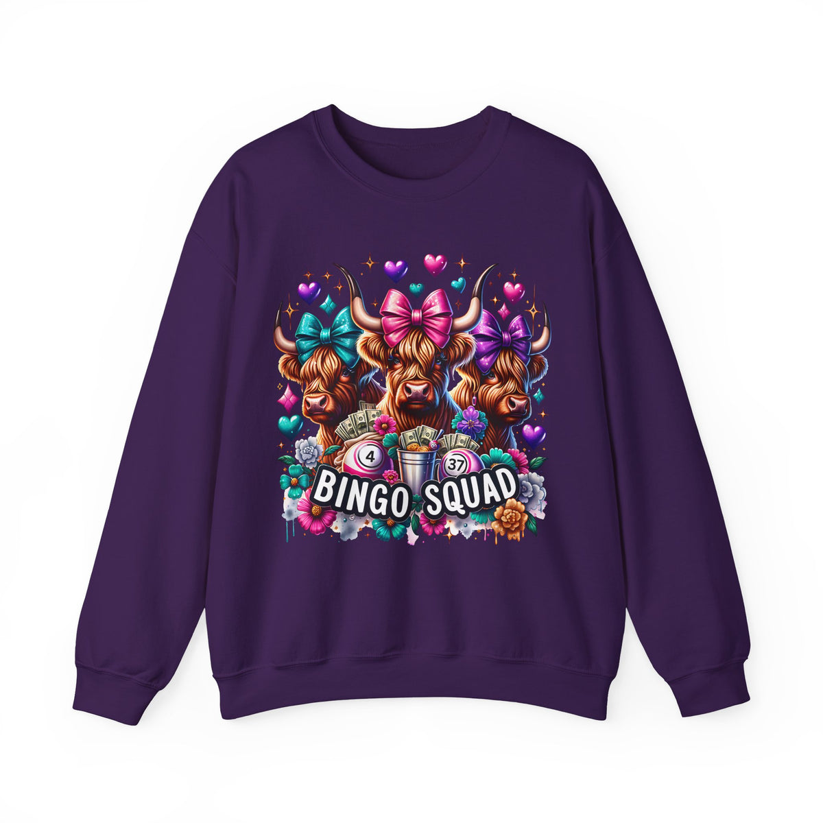 Cute Highland Cows Bingo Squad – Gildan Heavy Blend | Trendy Women’s Soft Sweatshirt. Direct to Garment. Printed & Shipped in the USA. Unisex Sizes.