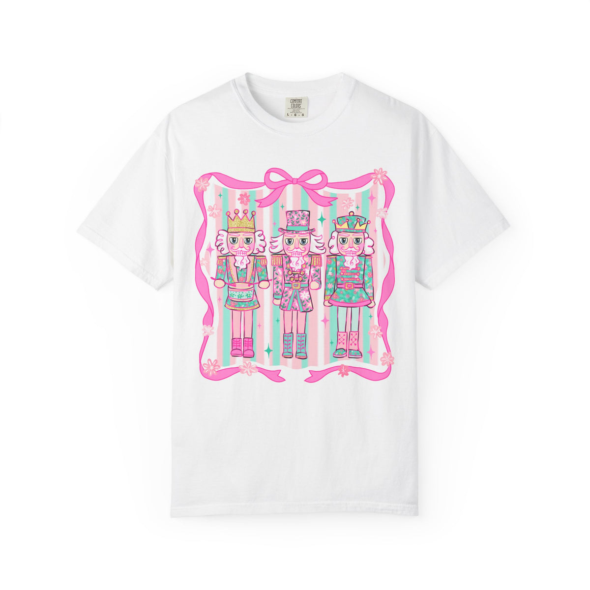 Coquette Pastel Christmas Nutcracker Trio Pink and Green - Comfort Colors | Trendy Women's T-Shirt. Direct to Garment. Printed & Shipped in the USA. Unisex Sizes.