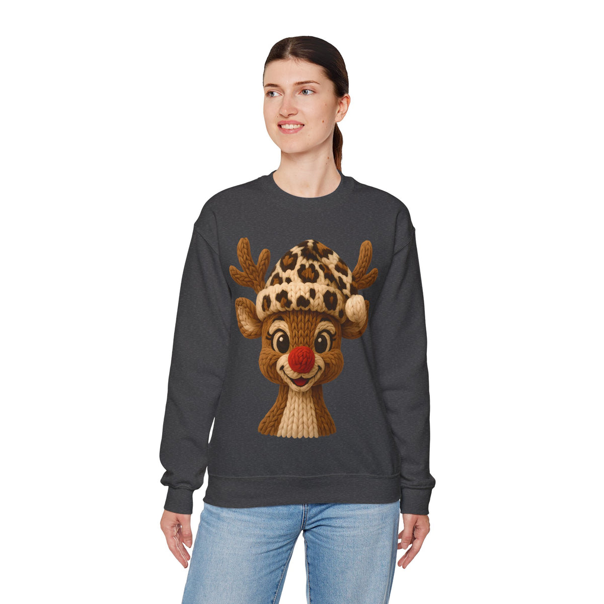 Rudolph Reindeer Leopard Santa Hat Christmas – Gildan Heavy Blend | Trendy Women’s Soft Sweatshirt. Direct to Garment. Printed & Shipped in the USA. Unisex Sizes.