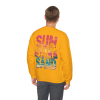 Sun Salt Sand, Beach Sunset - Front & Back Print – Gildan Heavy Blend | Trendy Women’s and Men's Soft Sweatshirt. Direct to Garment. Printed & Shipped in the USA. Unisex Sizes.