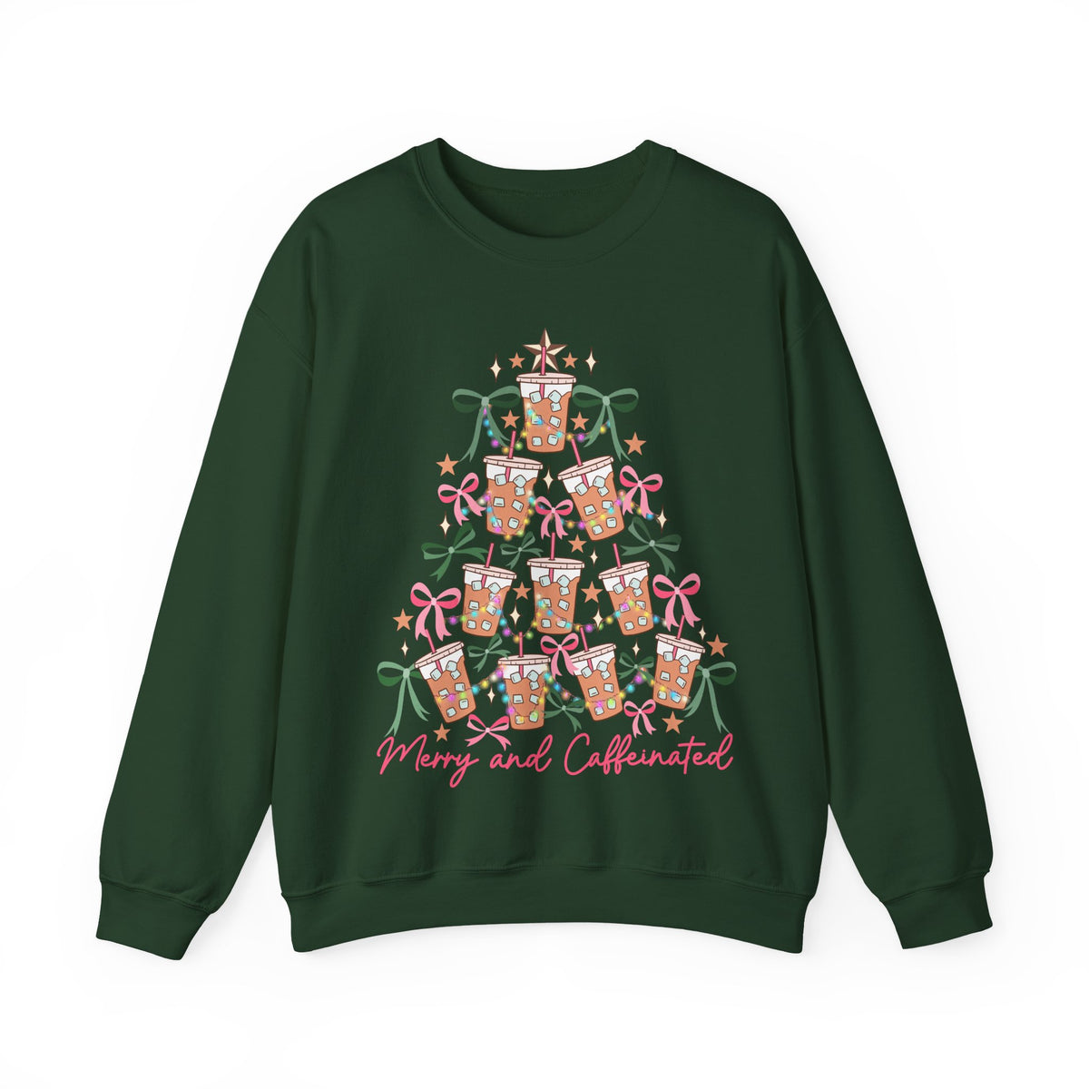 Merry and Caffeinated Iced Coffee Christmas Tree – Gildan Heavy Blend | Trendy Women’s Soft Sweatshirt. Direct to Garment. Printed & Shipped in the USA. Unisex Sizes.