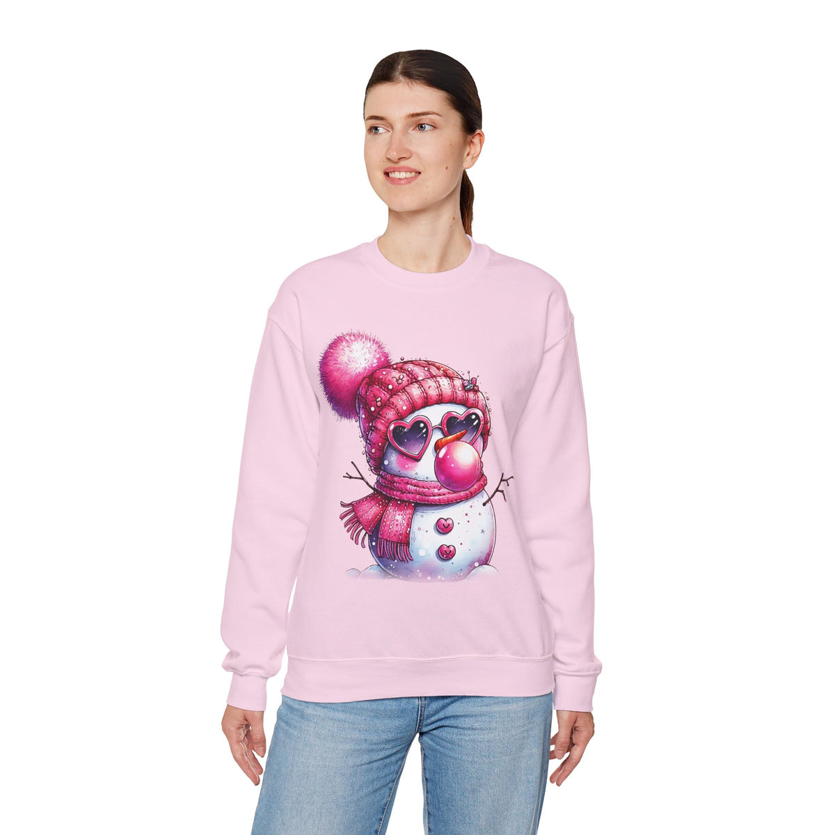 Pink Girly Snowman with Heart Sunglasses and Bubblegum - Winter – Gildan Heavy Blend | Trendy Women’s Soft Sweatshirt. Direct to Garment. Printed & Shipped in the USA. Unisex Sizes.
