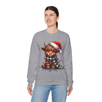 Cute Highland Cow Santa Hat Scarf Christmas Lights – Gildan Heavy Blend | Trendy Women’s Soft Sweatshirt. Direct to Garment. Printed & Shipped in the USA. Unisex Sizes.