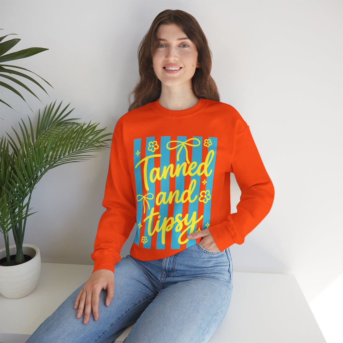 Tanned and Tipsy – Gildan Heavy Blend | Trendy Women’s Soft Sweatshirt. Direct to Garment. Printed & Shipped in the USA. Unisex Sizes.