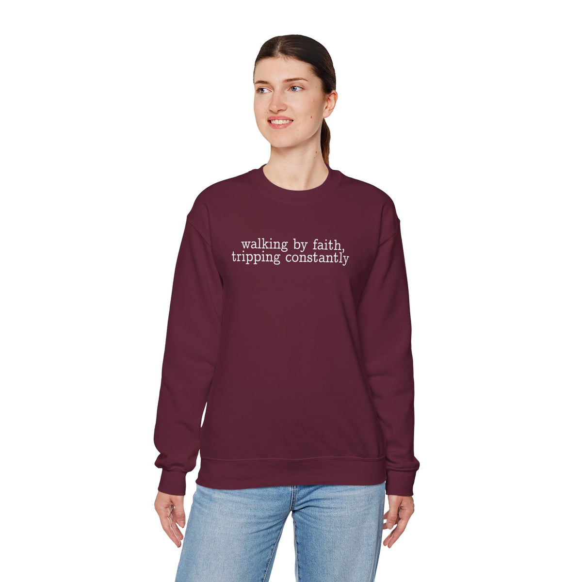 Walking By Faith, Tripping Constantly - Minimalist Design – Gildan Heavy Blend | Trendy Men's and Women’s Soft Sweatshirt. Direct to Garment. Printed & Shipped in the USA. Unisex Sizes.