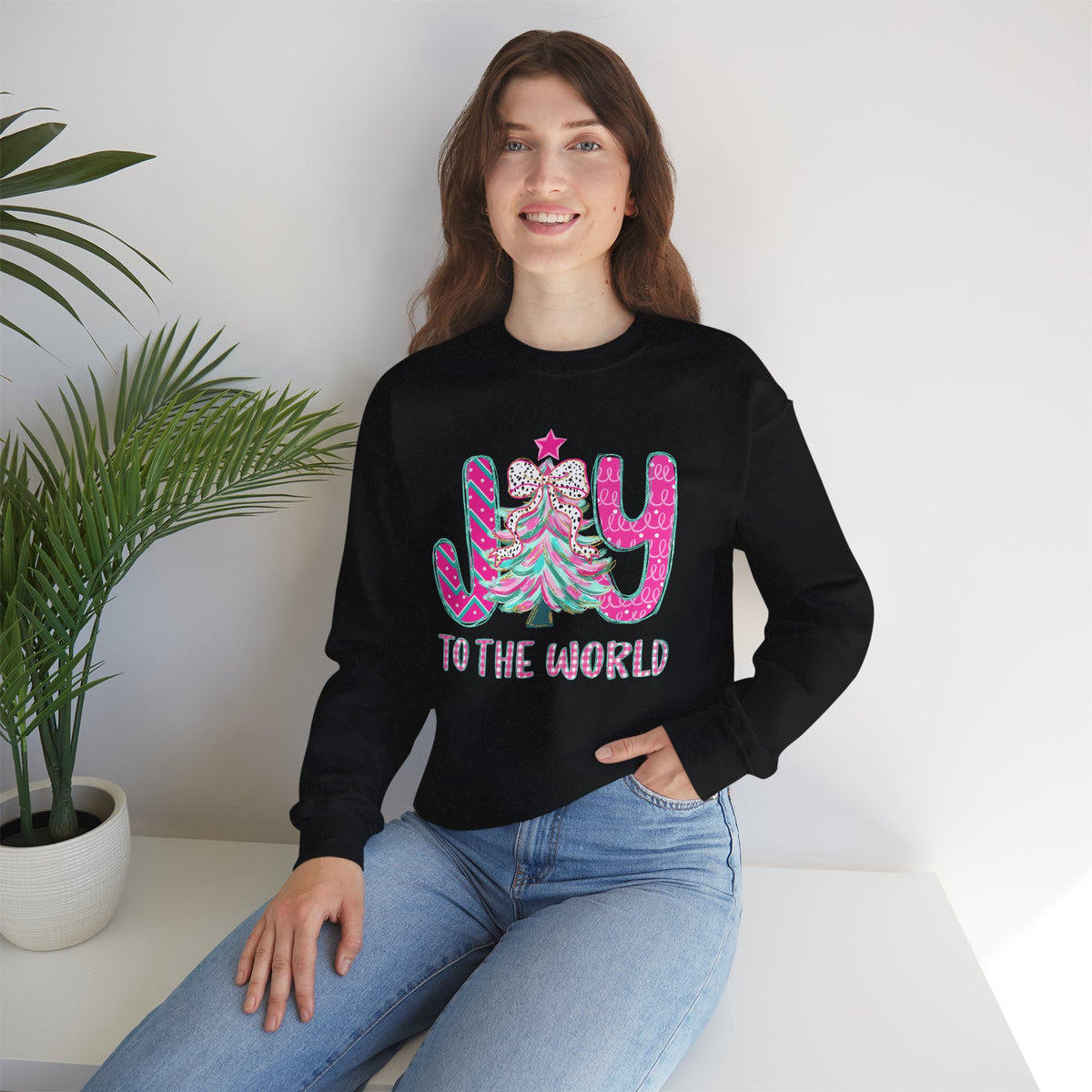 Joy to the World w/Christmas Tree Pink and Teal – Gildan Heavy Blend | Trendy Women’s Soft Sweatshirt. Direct to Garment. Printed & Shipped in the USA. Unisex Sizes.