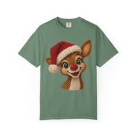 Cute Rudolph Faux Knit Look Reindeer w/Santa Hat - Comfort Colors | Trendy Women's T-Shirt. Direct to Garment. Printed & Shipped in the USA. Unisex Sizes.