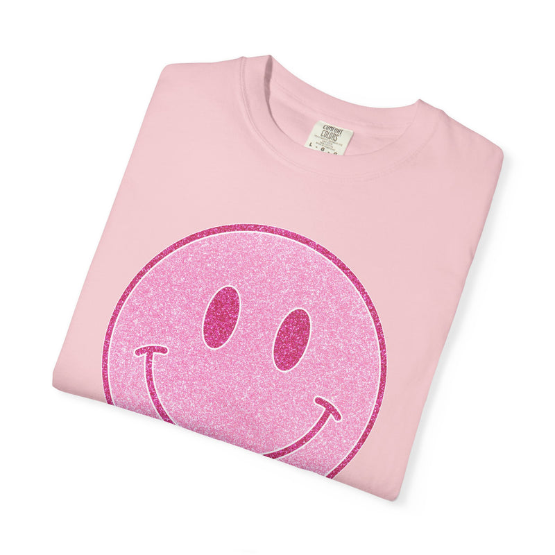 Faux Glitter Smiley - Comfort Colors | Trendy Women's T-Shirt. Direct to Garment. Printed & Shipped in the USA. Unisex Sizes.
