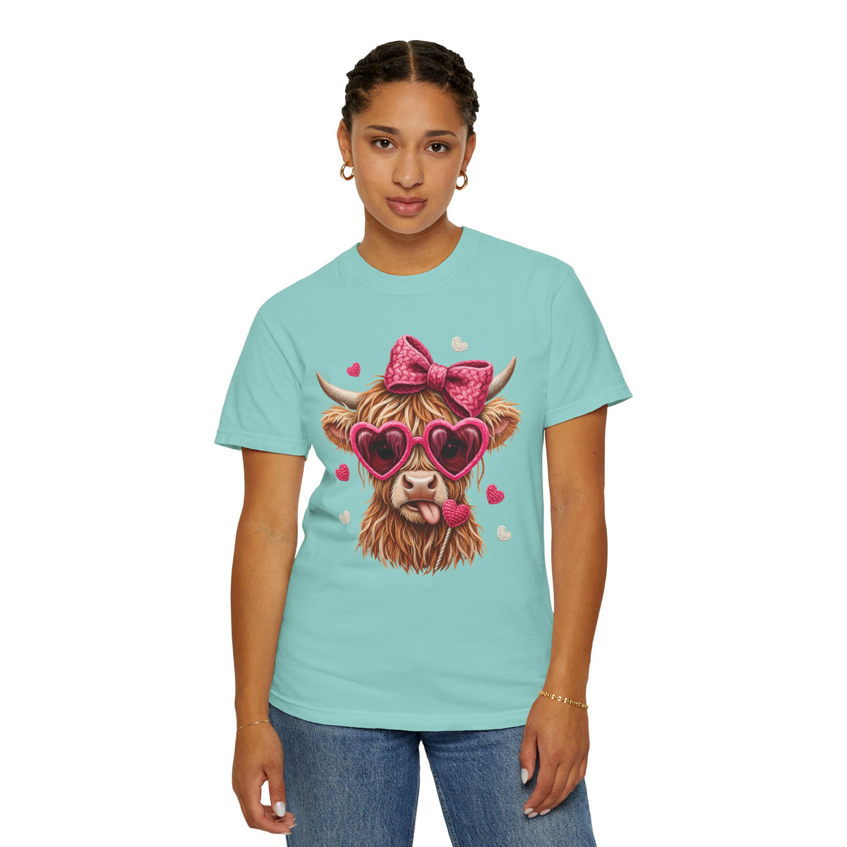 Highland Cow - Pink Heart Shaped Glasses - Comfort Colors | Trendy Women's T-Shirt. Direct to Garment. Printed & Shipped in the USA. Unisex Sizes.