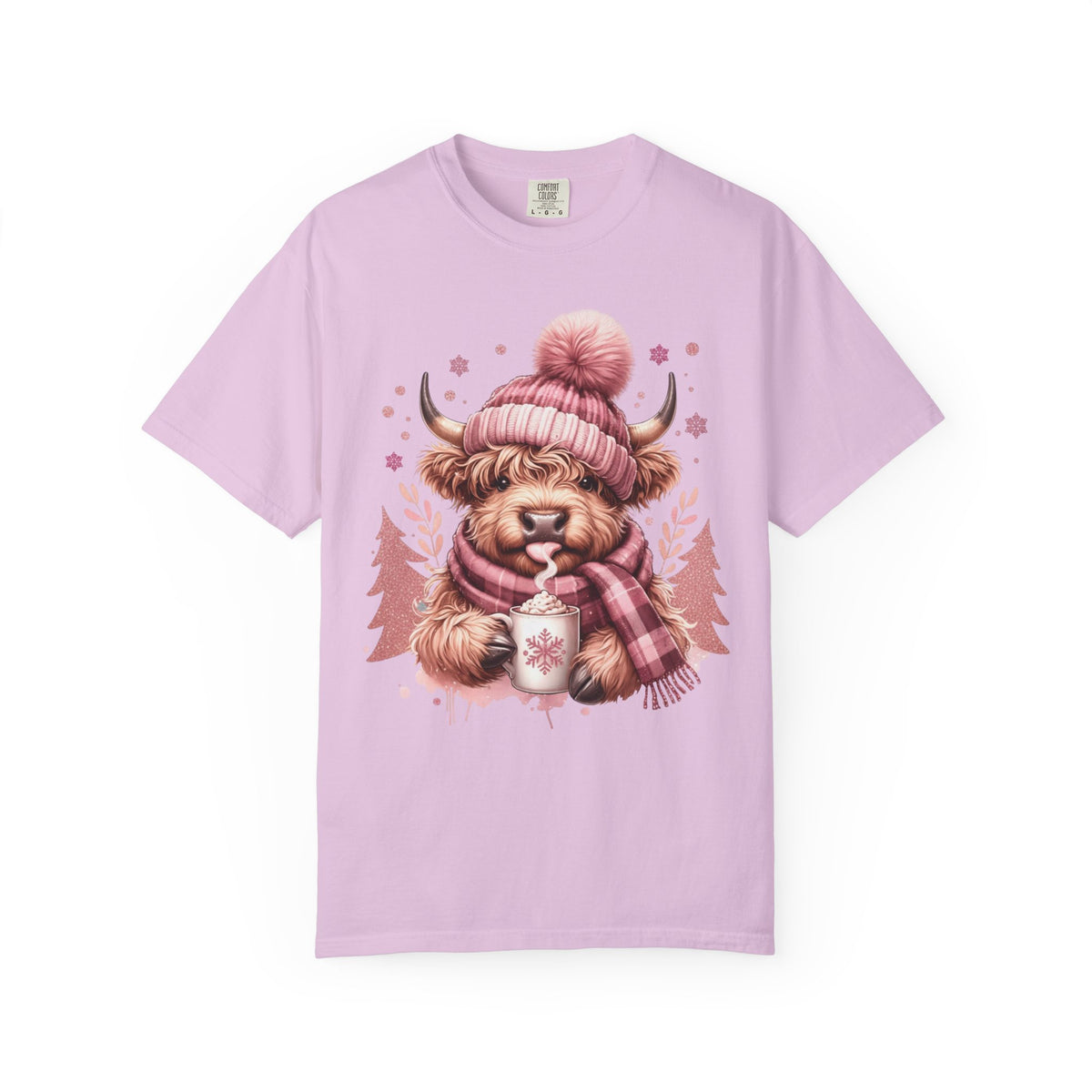 Cozy Highland Cow, Winter Coffee Mug & Scarf - Comfort Colors | Trendy Women's T-Shirt. Direct to Garment. Printed & Shipped in the USA. Unisex Sizes.