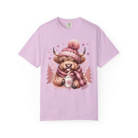 Cozy Highland Cow, Winter Coffee Mug & Scarf - Comfort Colors | Trendy Women's T-Shirt. Direct to Garment. Printed & Shipped in the USA. Unisex Sizes.