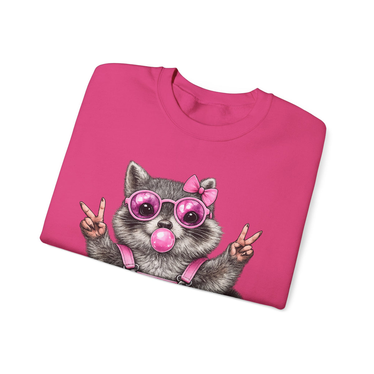 Cute But Feral, Raccoon in Pink Bibs – Gildan Heavy Blend | Trendy Women’s Soft Sweatshirt. Direct to Garment. Printed & Shipped in the USA. Unisex Sizes.