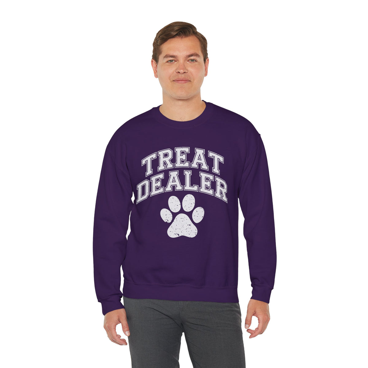 Treat Dealer, Dog Lover – Gildan Heavy Blend | Trendy Men's and Women’s Soft Sweatshirt. Direct to Garment. Printed & Shipped in the USA. Unisex Sizes.