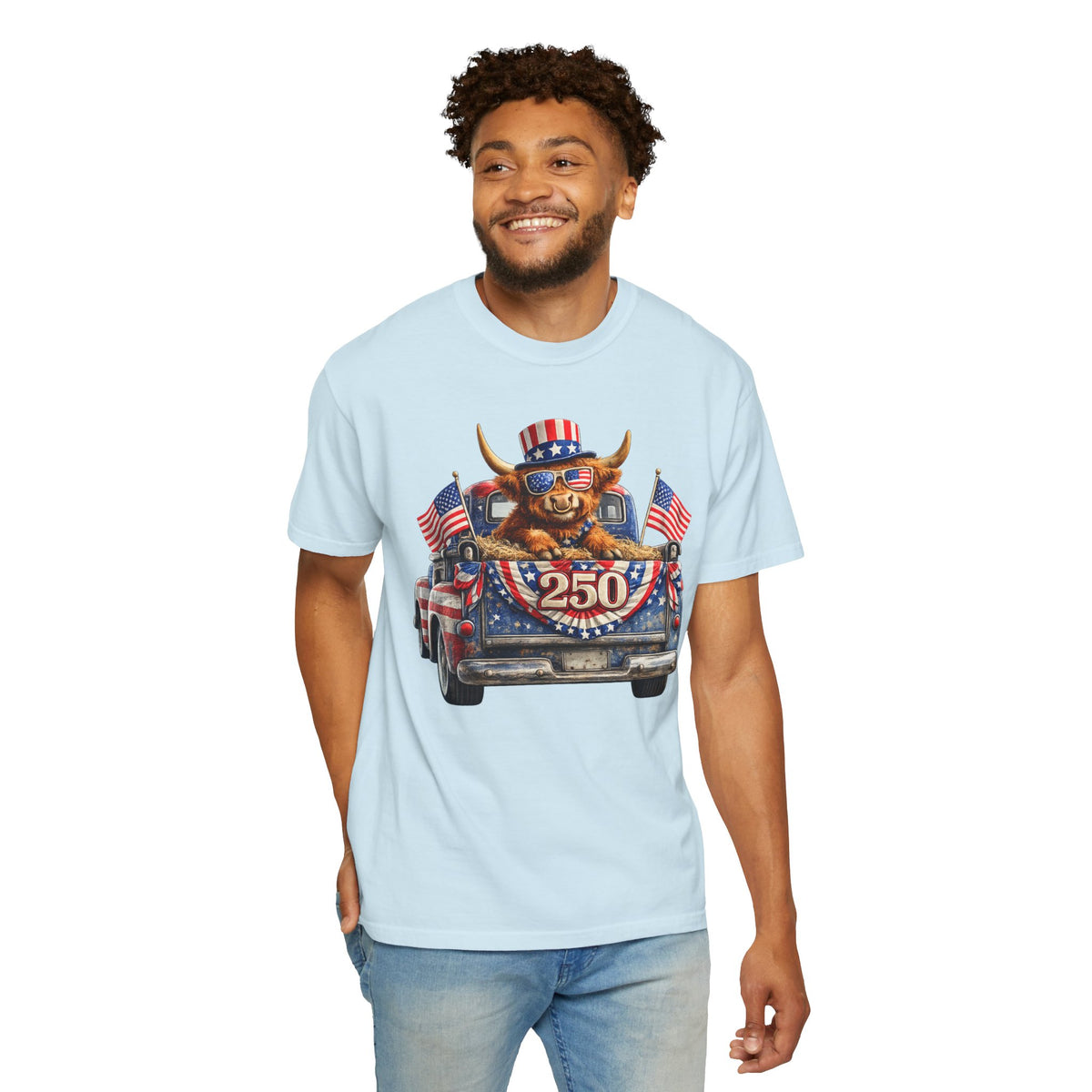 Patriotic Highland, America's 250th Birthday - Comfort Colors | Trendy Women's and Men's T-Shirt. Direct to Garment. Printed & Shipped in the USA. Unisex Sizes.