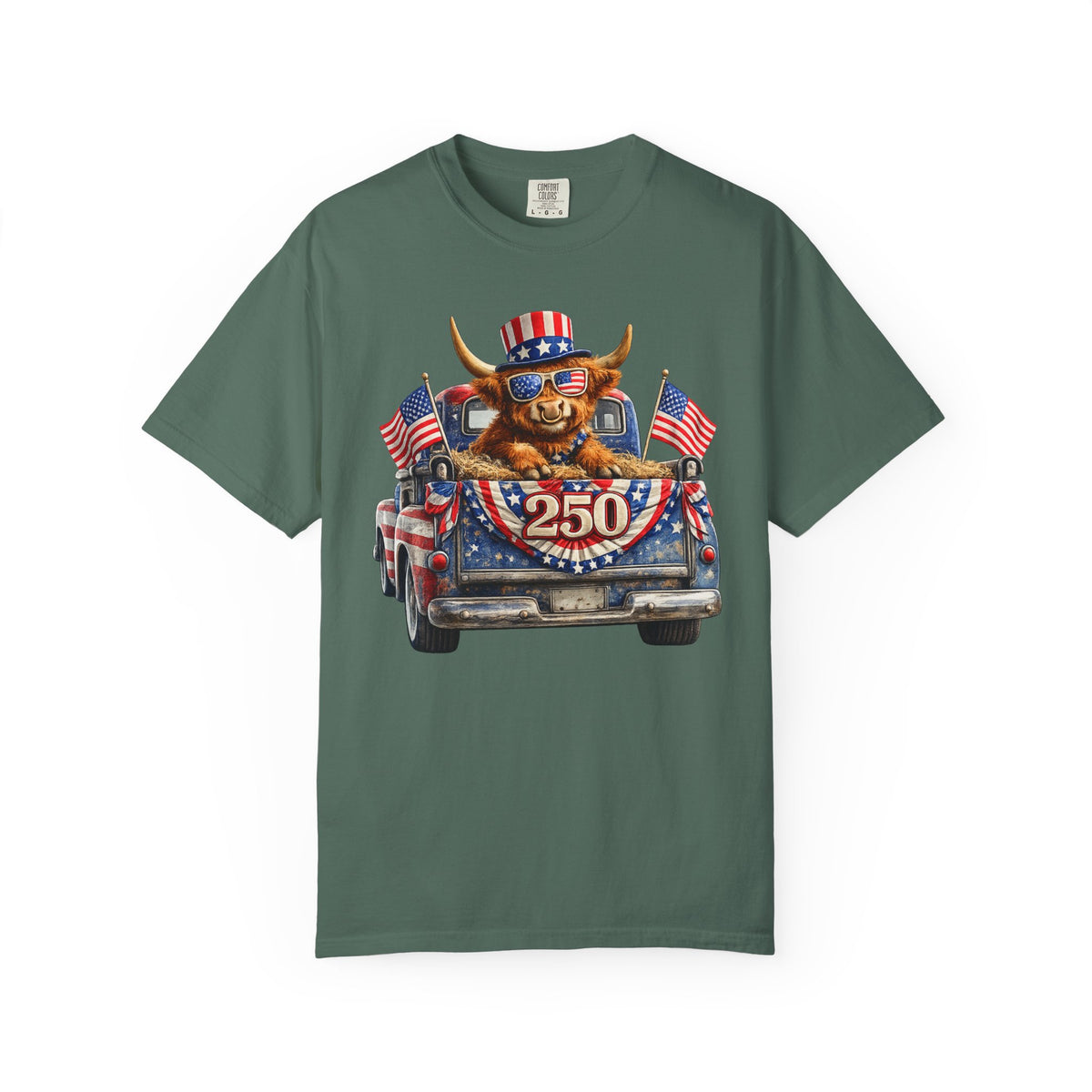 Patriotic Highland, America's 250th Birthday - Comfort Colors | Trendy Women's and Men's T-Shirt. Direct to Garment. Printed & Shipped in the USA. Unisex Sizes.