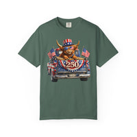Patriotic Highland, America's 250th Birthday - Comfort Colors | Trendy Women's and Men's T-Shirt. Direct to Garment. Printed & Shipped in the USA. Unisex Sizes.