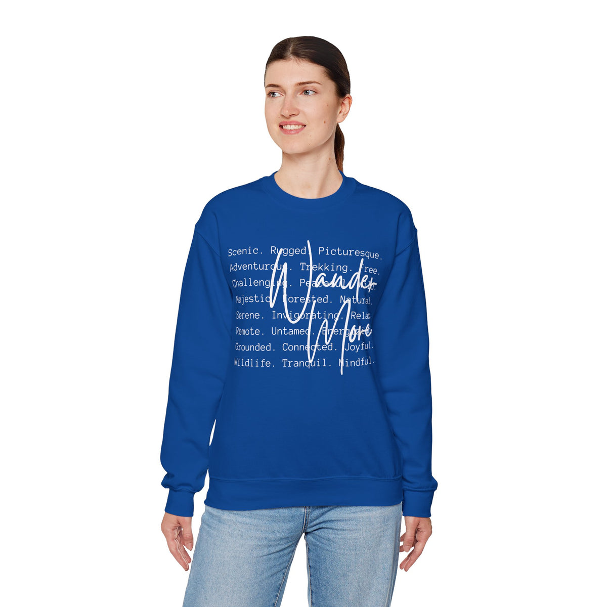Wander More, Scenic Adventure Typography – Gildan Heavy Blend | Trendy Men's and Women’s Soft Sweatshirt. Direct to Garment. Printed & Shipped in the USA. Unisex Sizes.