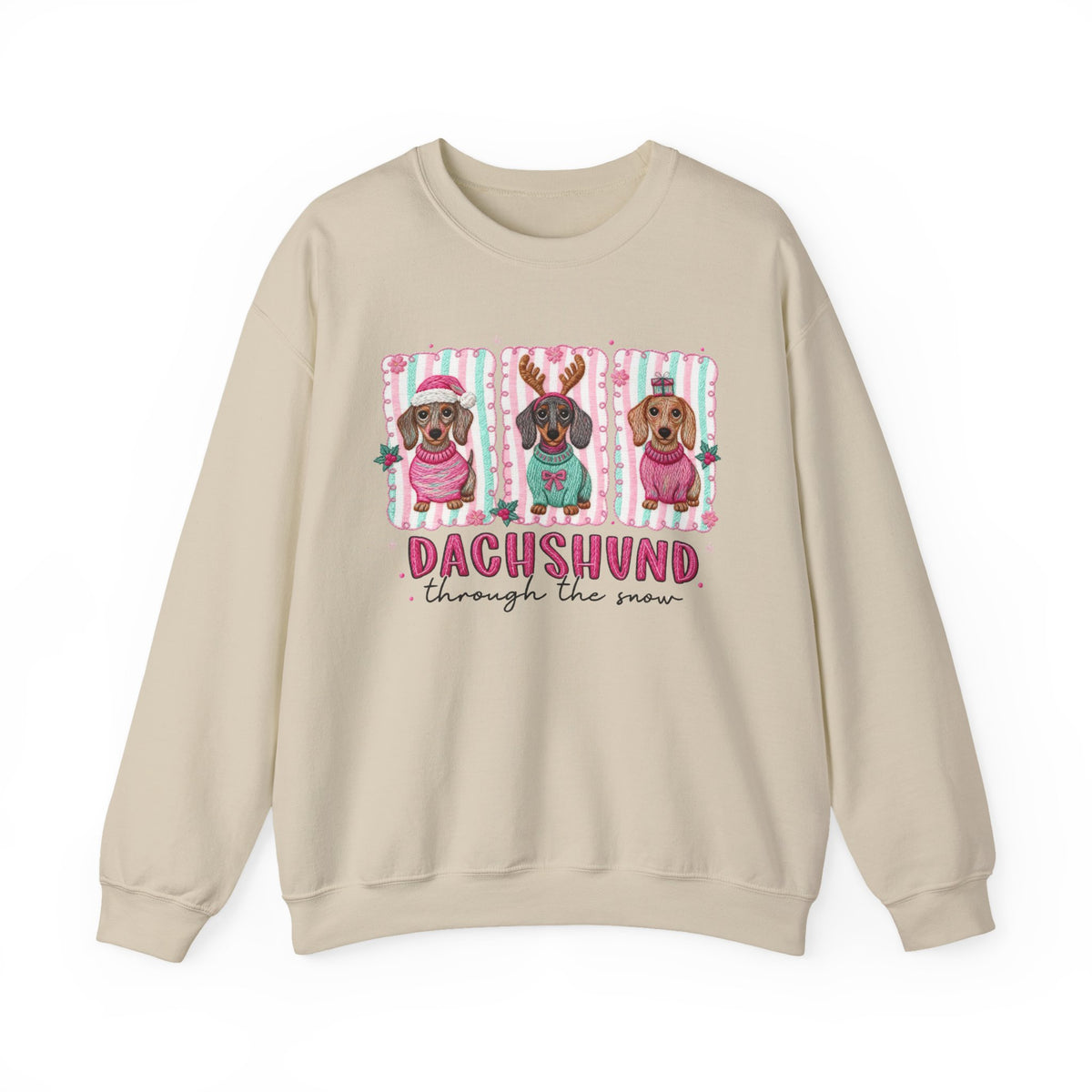 Dachshund Through the Snow – Gildan Heavy Blend | Trendy Women’s Soft Sweatshirt. Direct to Garment. Printed & Shipped in the USA. Unisex Sizes.