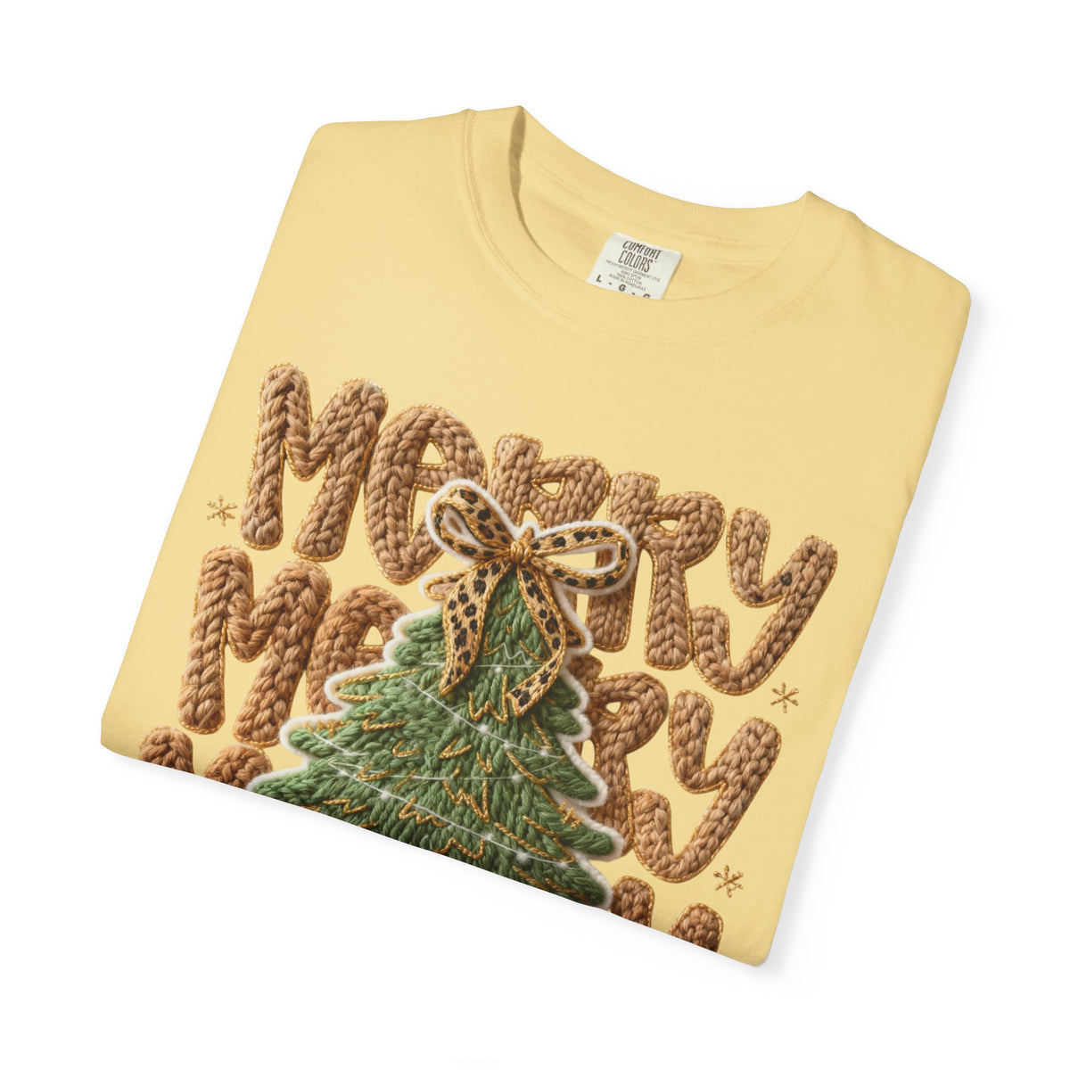 Merry Merry Merry Christmas, Faux Latch Hook Yarn - Comfort Colors | Trendy Women's T-Shirt. Direct to Garment. Printed & Shipped in the USA. Unisex Sizes.