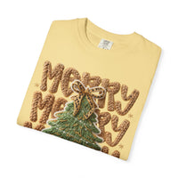 Merry Merry Merry Christmas, Faux Latch Hook Yarn - Comfort Colors | Trendy Women's T-Shirt. Direct to Garment. Printed & Shipped in the USA. Unisex Sizes.