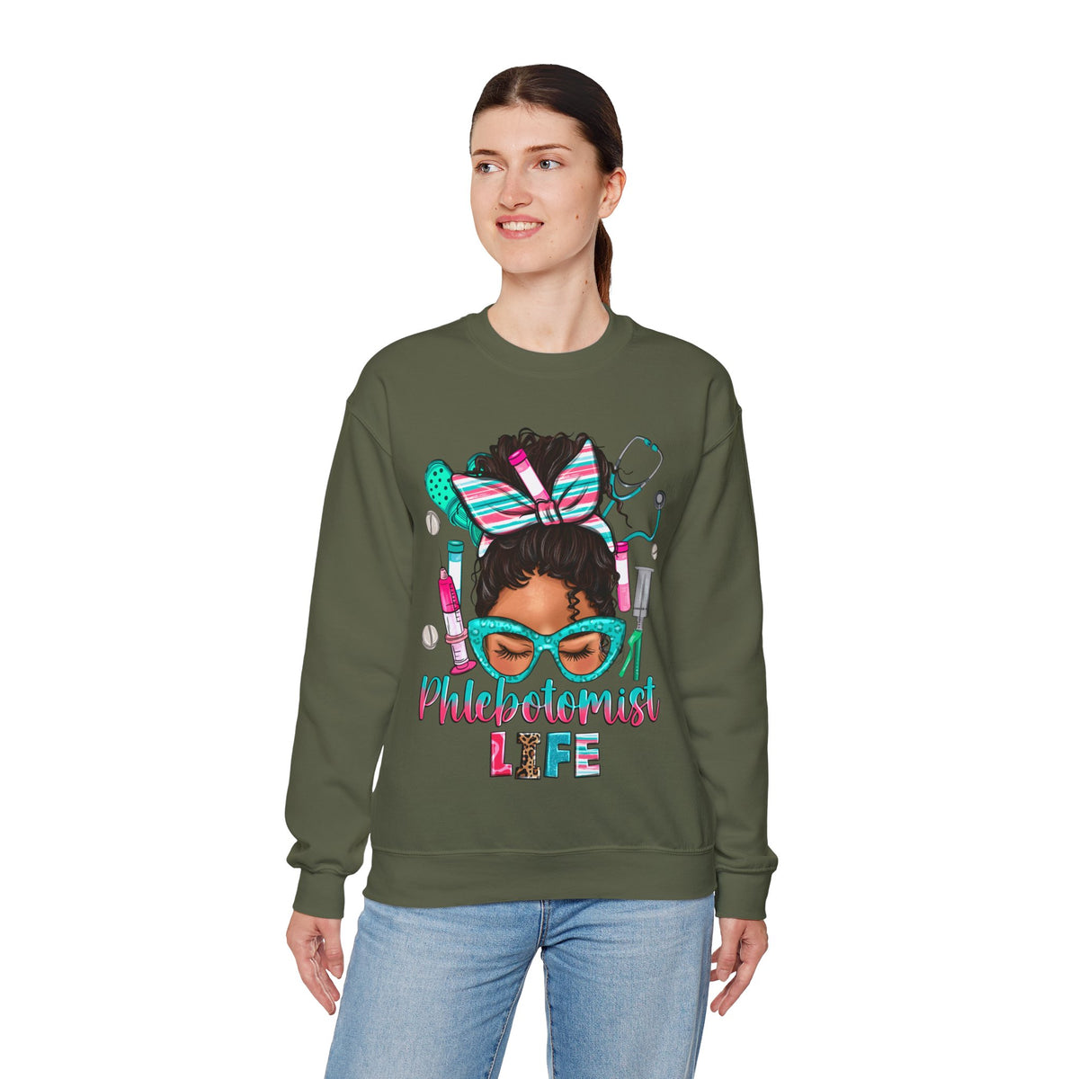Phlebotomist Life, Messy Bun – Gildan Heavy Blend | Trendy Women’s Soft Sweatshirt. Direct to Garment. Printed & Shipped in the USA. Unisex Sizes.