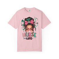 Nurse Life Messy Bun, Cute Stethoscope & Syringe - Comfort Colors | Trendy Women's T-Shirt. Direct to Garment. Printed & Shipped in the USA. Unisex Sizes.