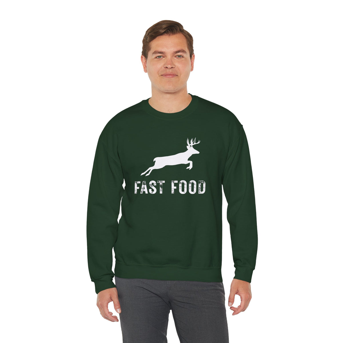 Fast Food Deer Hunting Humor Distressed – Gildan Heavy Blend | Trendy Men's and Women’s Soft Sweatshirt. Direct to Garment. Printed & Shipped in the USA. Unisex Sizes.