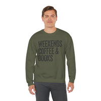 Weekends, Coffee & Books, Vintage – Gildan Heavy Blend | Trendy Women’s and Men's Soft Sweatshirt. Direct to Garment. Printed & Shipped in the USA. Unisex Sizes.