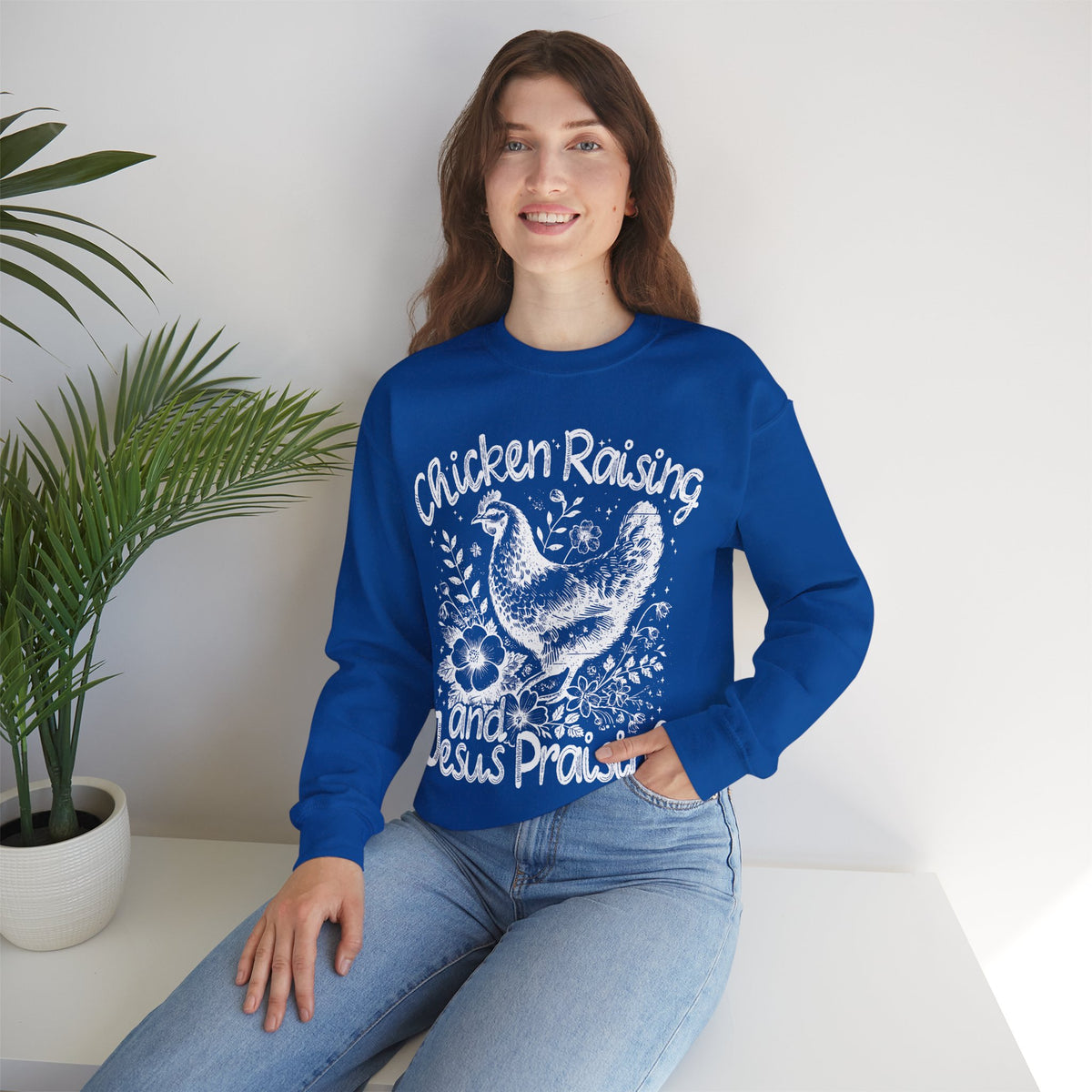 Chicken Raising and Jesus Praising – Gildan Heavy Blend | Trendy Men's and Women’s Soft Sweatshirt. Direct to Garment. Printed & Shipped in the USA. Unisex Sizes.