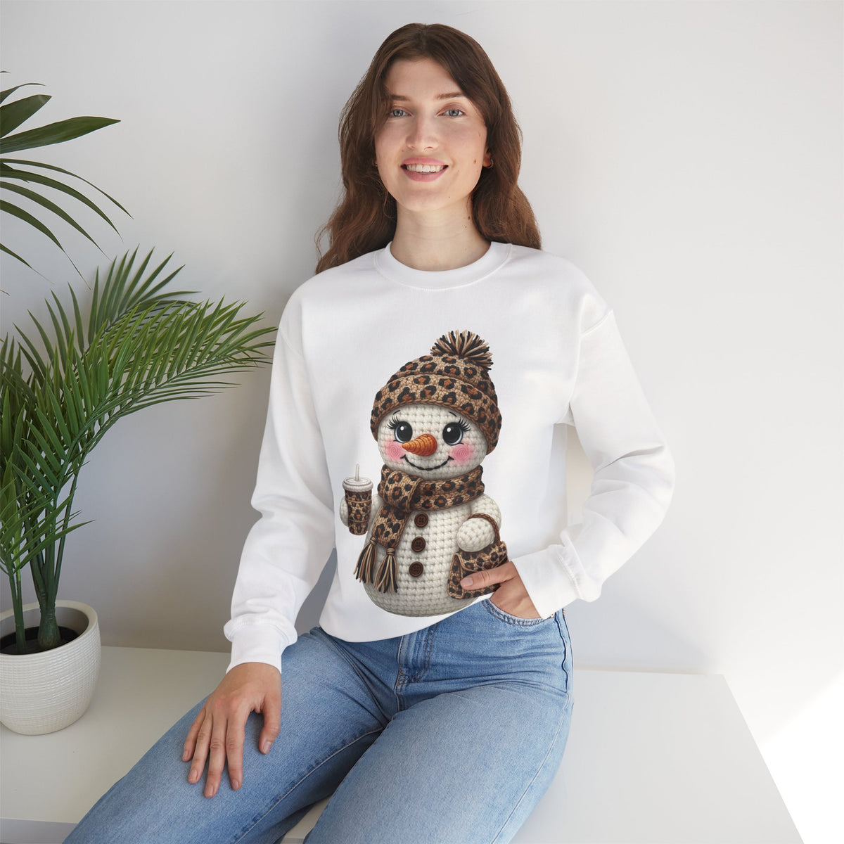 Leopard Snowman - Leopard Purse, Drink, Hat & Scarf – Gildan Heavy Blend | Trendy Women’s Soft Sweatshirt. Direct to Garment. Printed & Shipped in the USA. Unisex Sizes.