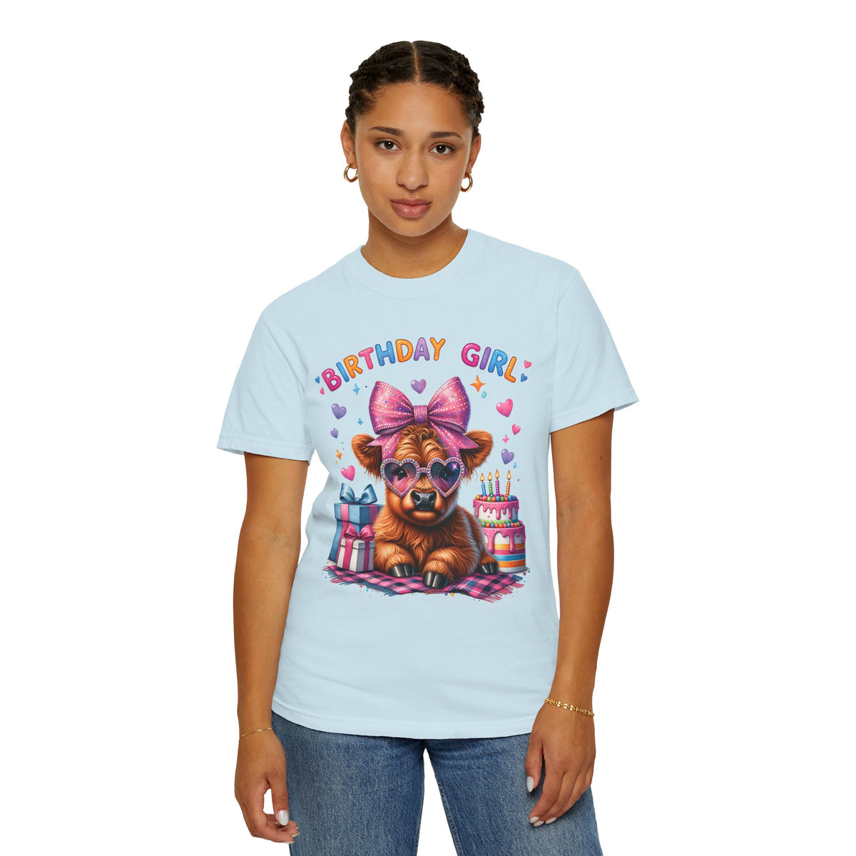 Birthday Girl, Highland Cow - Comfort Colors | Trendy Women's T-Shirt. Direct to Garment. Printed & Shipped in the USA. Unisex Sizes.
