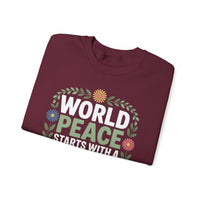 World Peace Starts With A Small Piece Of Kindness – Gildan Heavy Blend | Trendy Women’s Soft Sweatshirt. Direct to Garment. Printed & Shipped in the USA. Unisex Sizes.