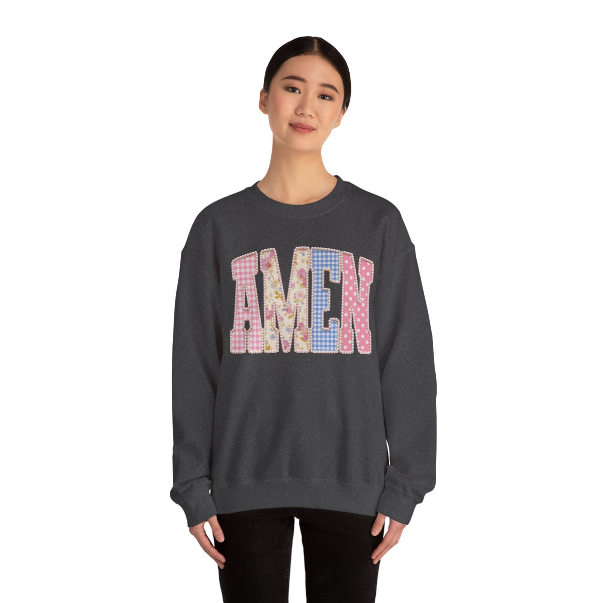 Pastel faux Patchwork AMEN with faux Pearls – Gildan Heavy Blend | Trendy Women’s Soft Sweatshirt. Direct to Garment. Printed & Shipped in the USA. Unisex Sizes.