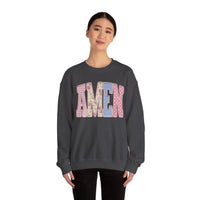 Pastel faux Patchwork AMEN with faux Pearls – Gildan Heavy Blend | Trendy Women’s Soft Sweatshirt. Direct to Garment. Printed & Shipped in the USA. Unisex Sizes.