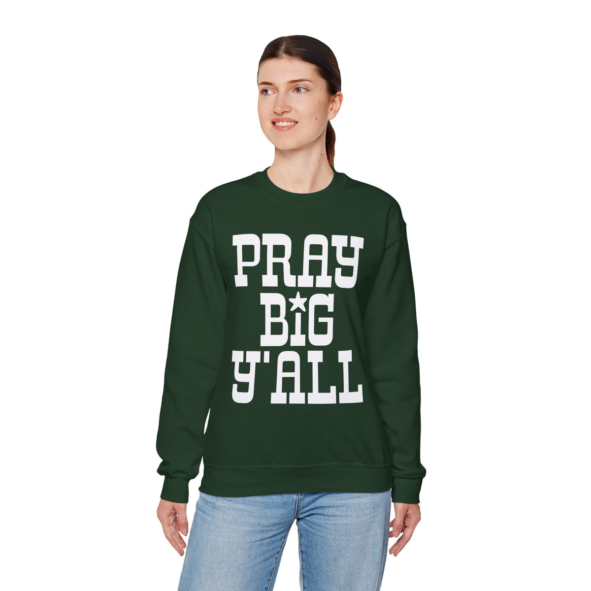 Pray Big Y'all – Gildan Heavy Blend | Trendy Women’s and Men's Soft Sweatshirt. Direct to Garment. Printed & Shipped in the USA. Unisex Sizes.