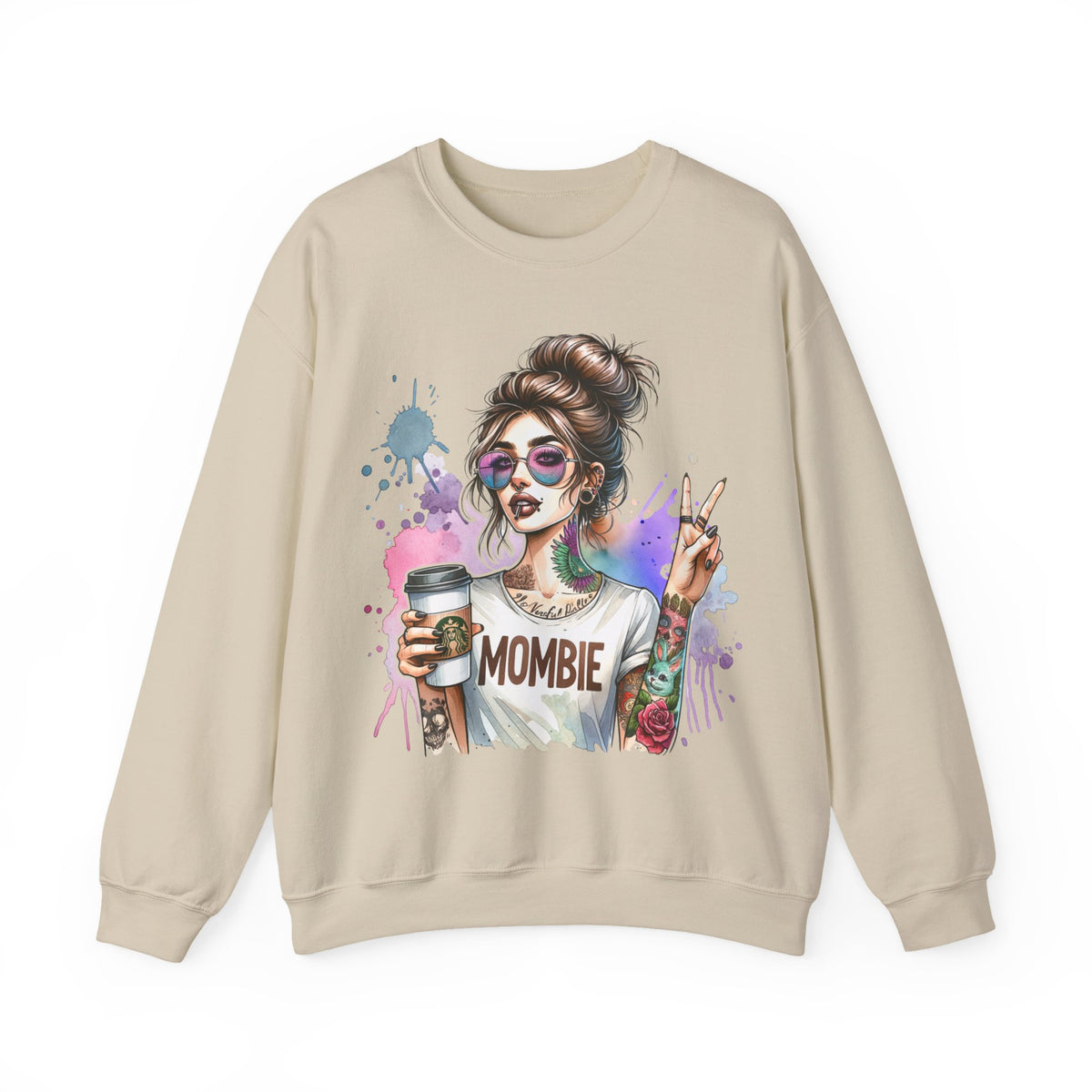 Cool Mombie with Coffee Peace Tattoo - Tired Mom – Gildan Heavy Blend | Trendy Women’s Soft Sweatshirt. Direct to Garment. Printed & Shipped in the USA. Unisex Sizes.