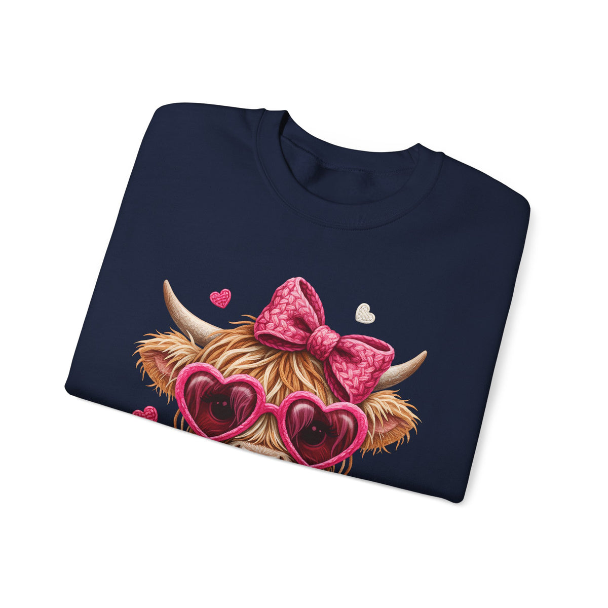 Highland Cow - Pink Heart Shaped Glasses – Gildan Heavy Blend | Trendy Women’s Soft Sweatshirt. Direct to Garment. Printed & Shipped in the USA. Unisex Sizes.