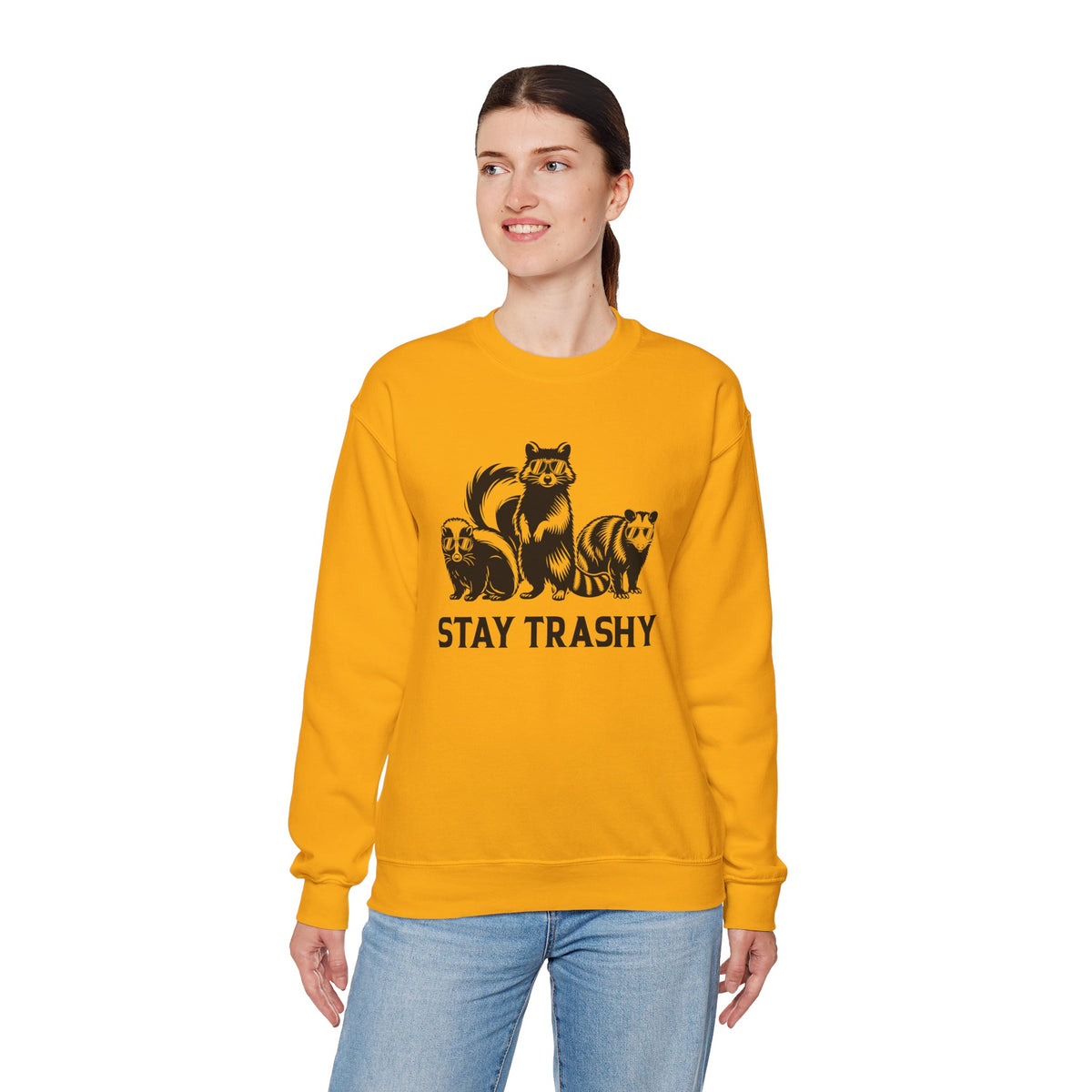 Stay Trashy, Skunk Raccoon Possum – Gildan Heavy Blend | Trendy Women’s and Men's Soft Sweatshirt. Direct to Garment. Printed & Shipped in the USA. Unisex Sizes.