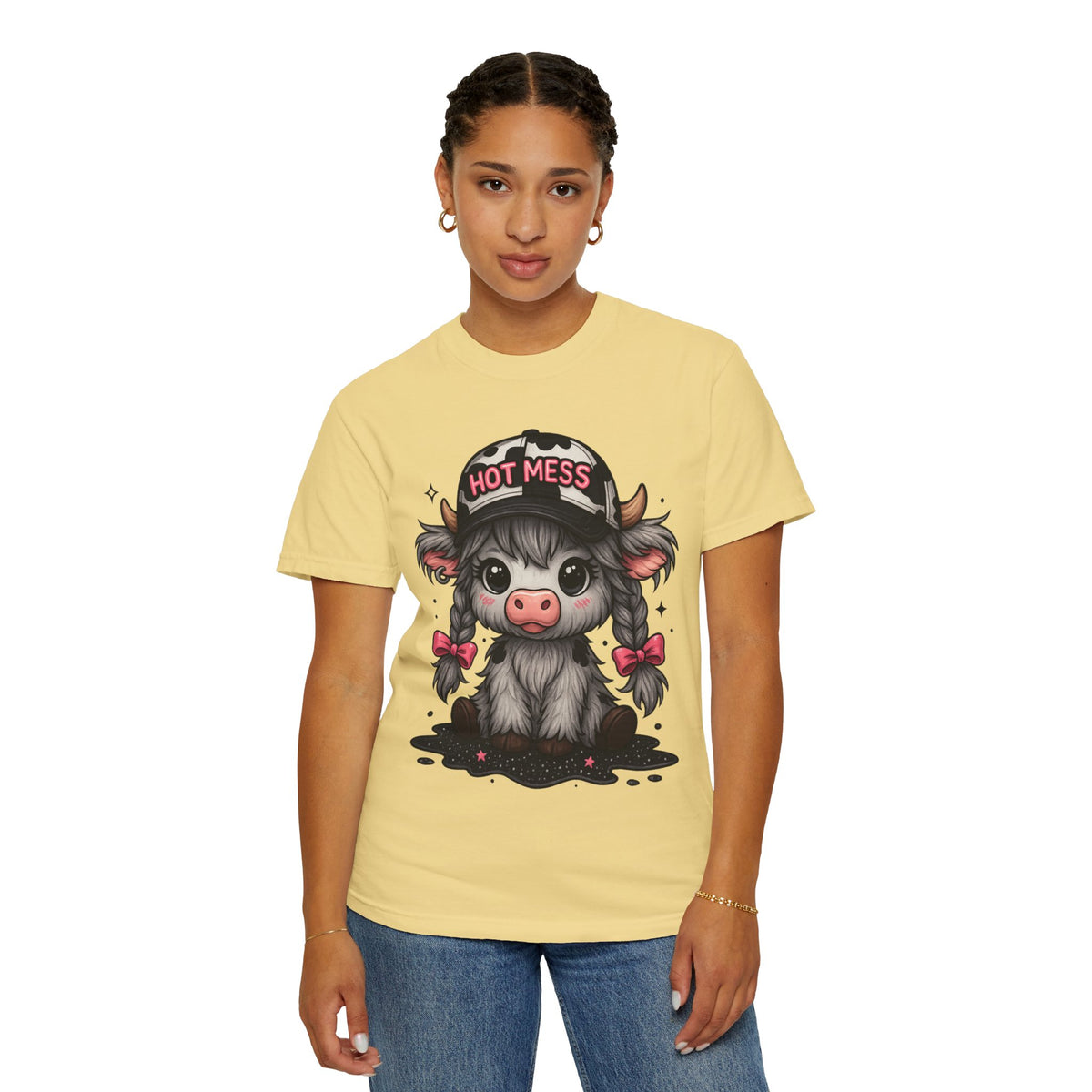 Cute Highland Cow 'Hot Mess' In Braids  - Comfort Colors | Trendy Women's T-Shirt. Direct to Garment. Printed & Shipped in the USA. Unisex Sizes.