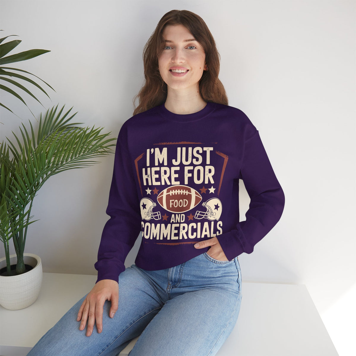 I'm Just Here for Food and Commercials – Gildan Heavy Blend | Trendy Women’s and Men's Soft Sweatshirt. Direct to Garment. Printed & Shipped in the USA. Unisex Sizes.