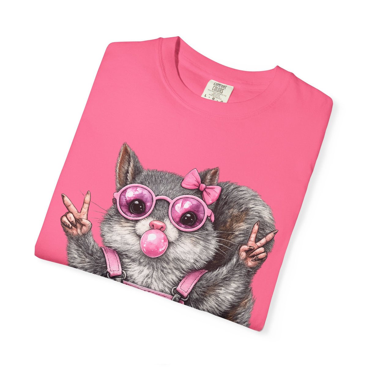 Cute But Feral, Squirrel in Pink Bibs - Comfort Colors | Trendy Women's T-Shirt. Direct to Garment. Printed & Shipped in the USA. Unisex Sizes.