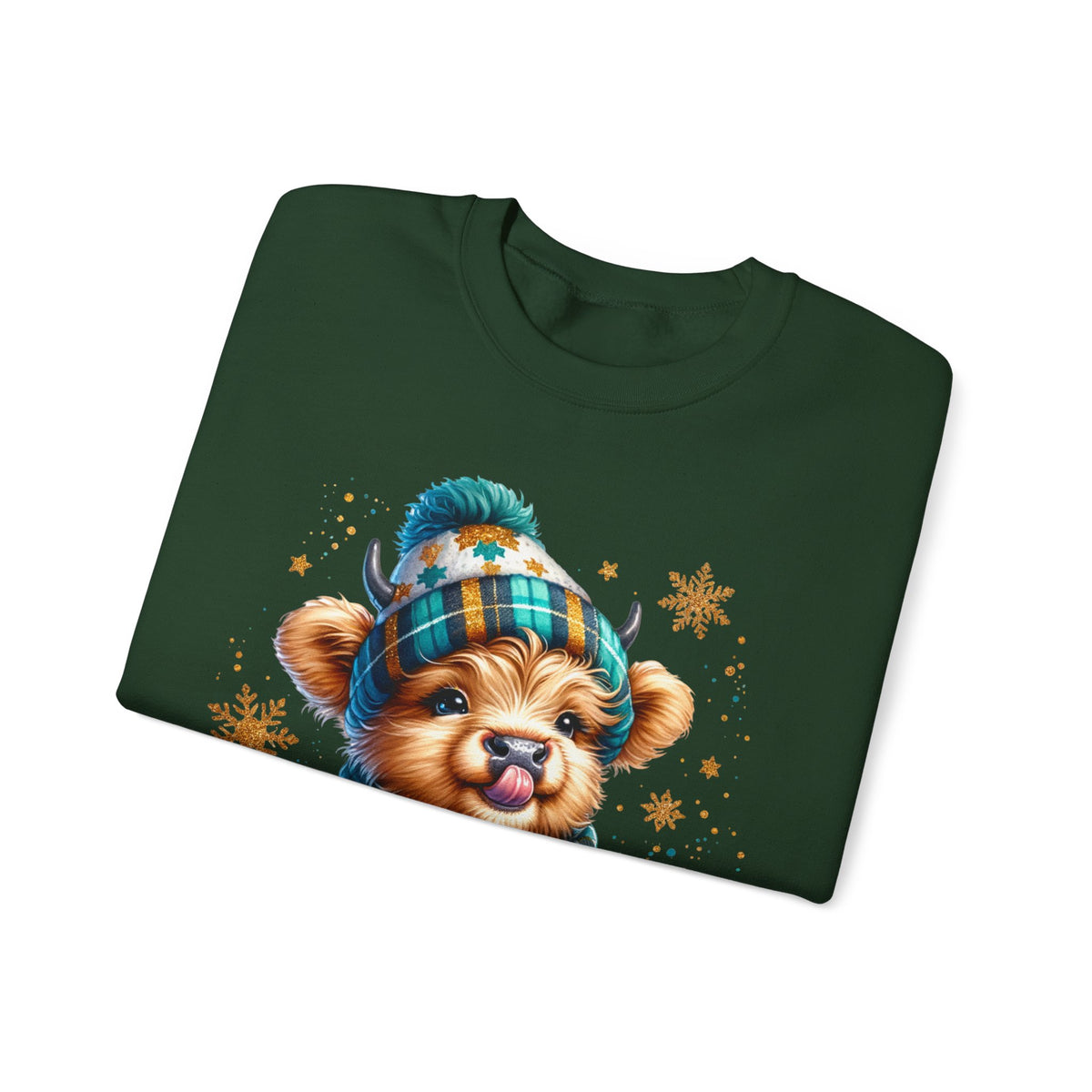 Winter Baby Highland Cow with Cocoa – Gildan Heavy Blend | Trendy Women’s Soft Sweatshirt. Direct to Garment. Printed & Shipped in the USA. Unisex Sizes.
