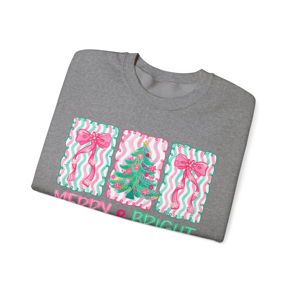 Merry & Bright Christmas - Pink & Green Holiday Tree Design – Gildan Heavy Blend | Trendy Women’s Soft Sweatshirt. Direct to Garment. Printed & Shipped in the USA. Unisex Sizes.