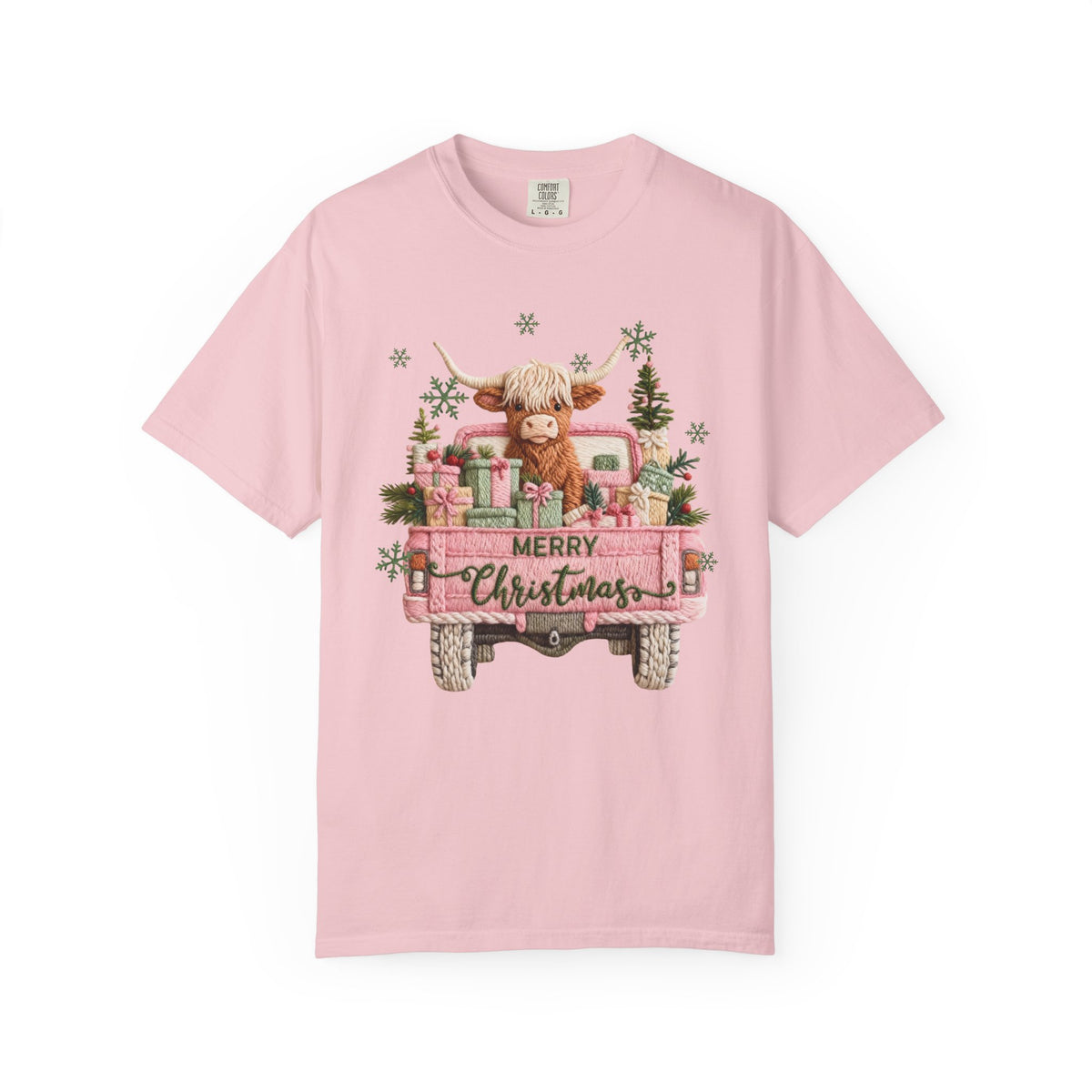 Highland Cow in Pink Truck Merry Christmas Holiday Farmhouse - Comfort Colors | Trendy Women's T-Shirt. Direct to Garment. Printed & Shipped in the USA. Unisex Sizes.