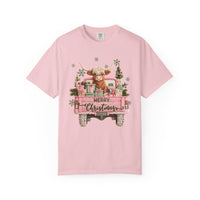 Highland Cow in Pink Truck Merry Christmas Holiday Farmhouse - Comfort Colors | Trendy Women's T-Shirt. Direct to Garment. Printed & Shipped in the USA. Unisex Sizes.