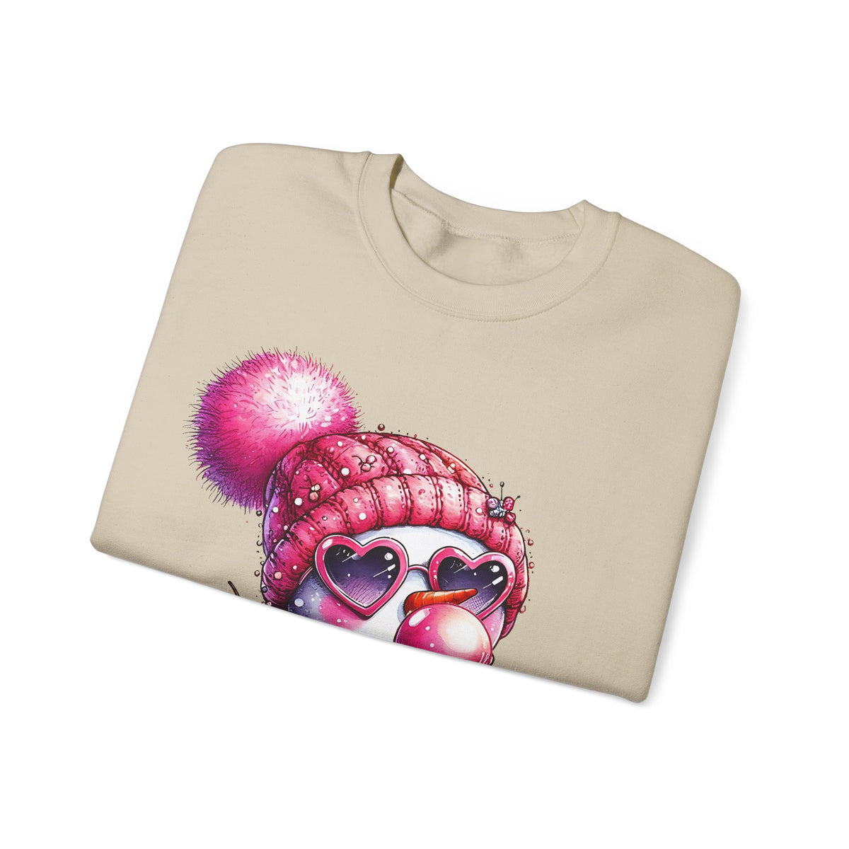 Pink Girly Snowman with Heart Sunglasses and Bubblegum - Winter – Gildan Heavy Blend | Trendy Women’s Soft Sweatshirt. Direct to Garment. Printed & Shipped in the USA. Unisex Sizes.