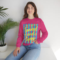 Tanned and Tipsy – Gildan Heavy Blend | Trendy Women’s Soft Sweatshirt. Direct to Garment. Printed & Shipped in the USA. Unisex Sizes.