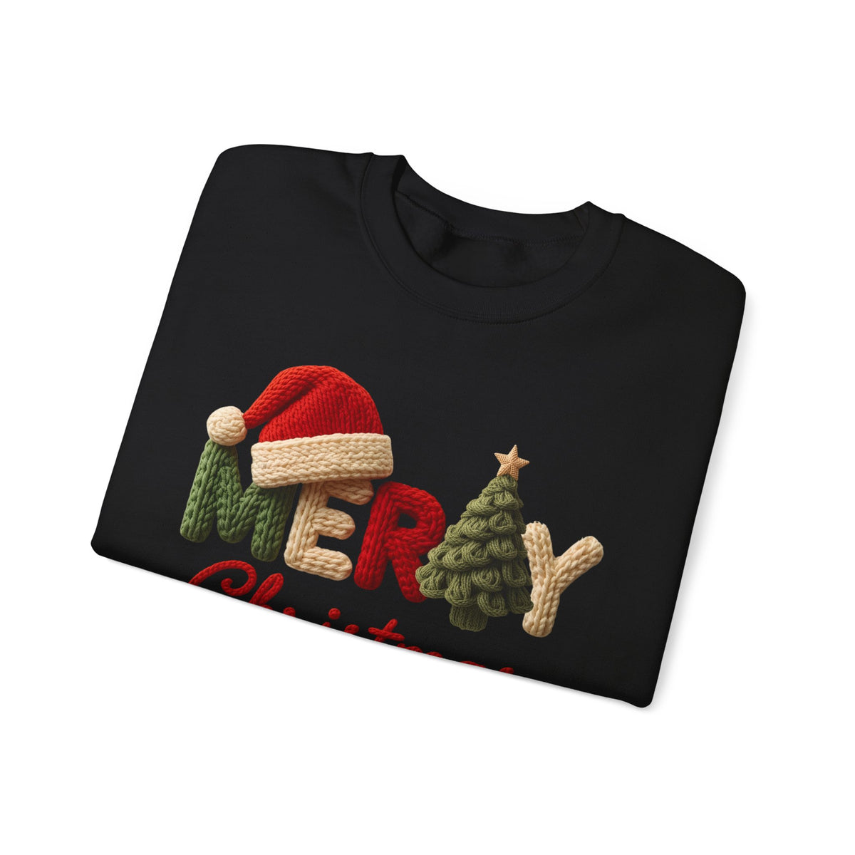Merry Christmas Faux Yarn w/Santa Hat & Tree – Gildan Heavy Blend | Trendy Women’s Soft Sweatshirt. Direct to Garment. Printed & Shipped in the USA. Unisex Sizes.