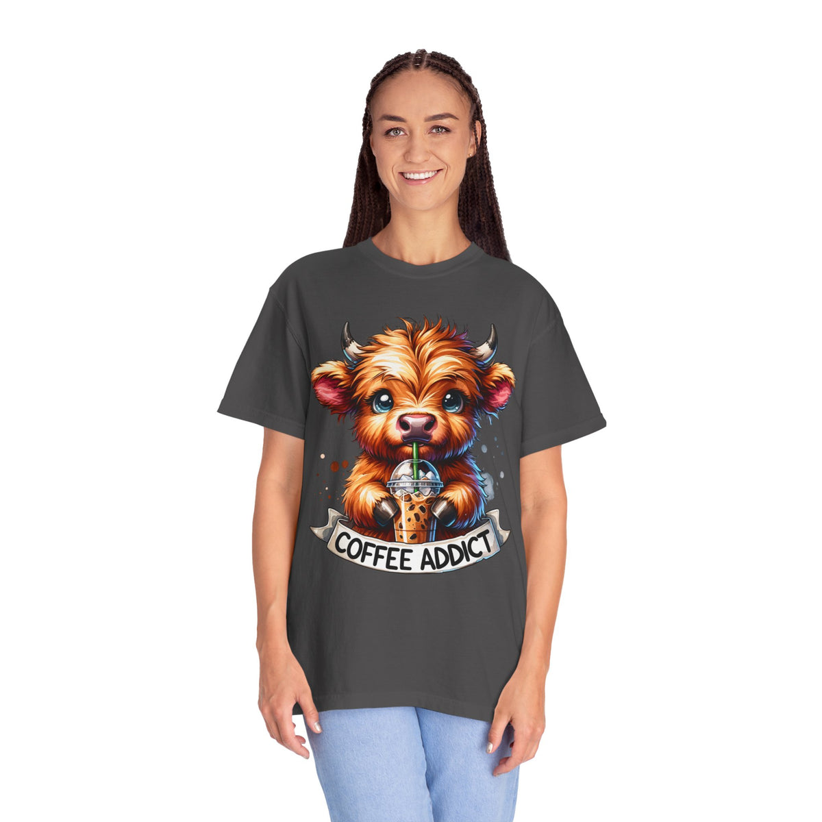 Coffee Addict Highland Cow Drinking Iced Coffee - Comfort Colors | Trendy Women's T-Shirt. Direct to Garment. Printed & Shipped in the USA. Unisex Sizes.